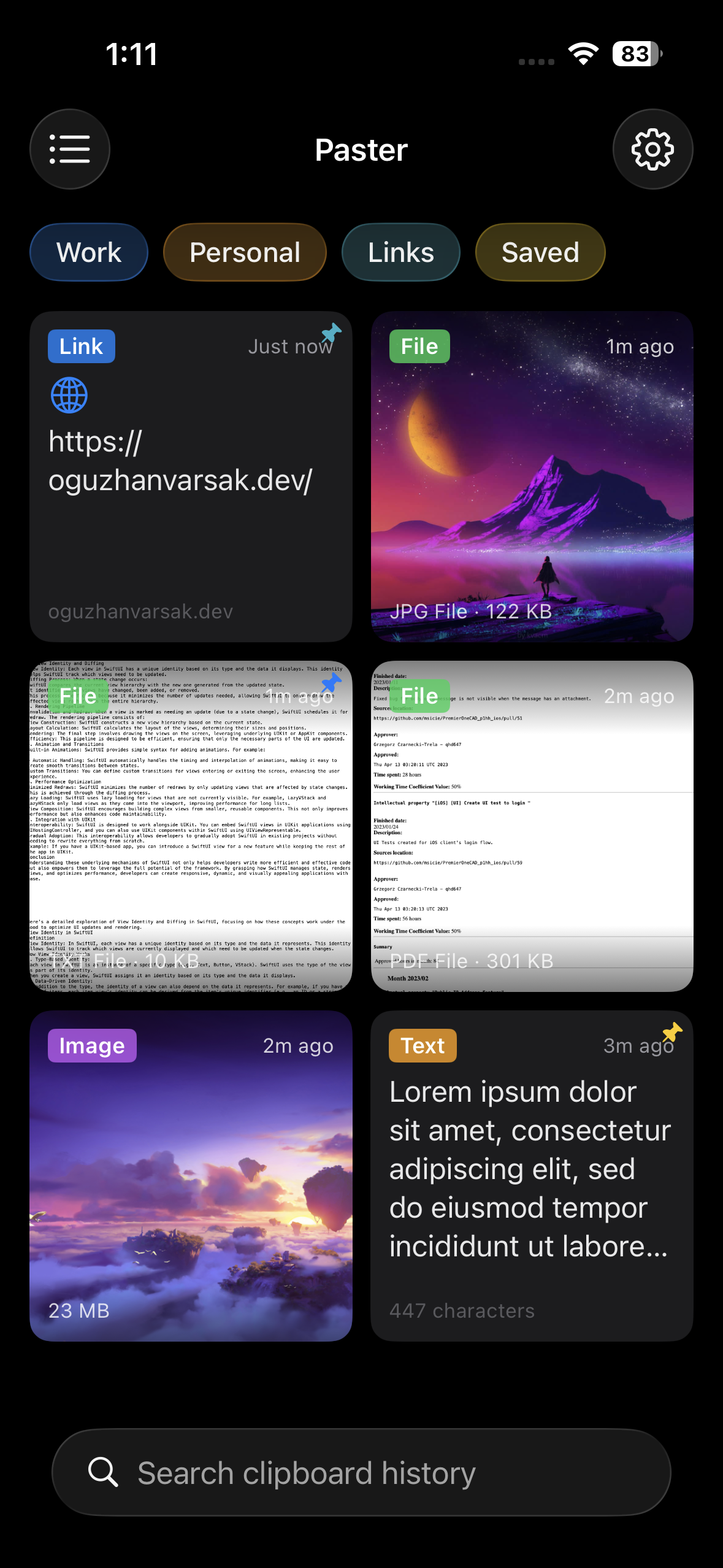 Paster showing various content types in grid view