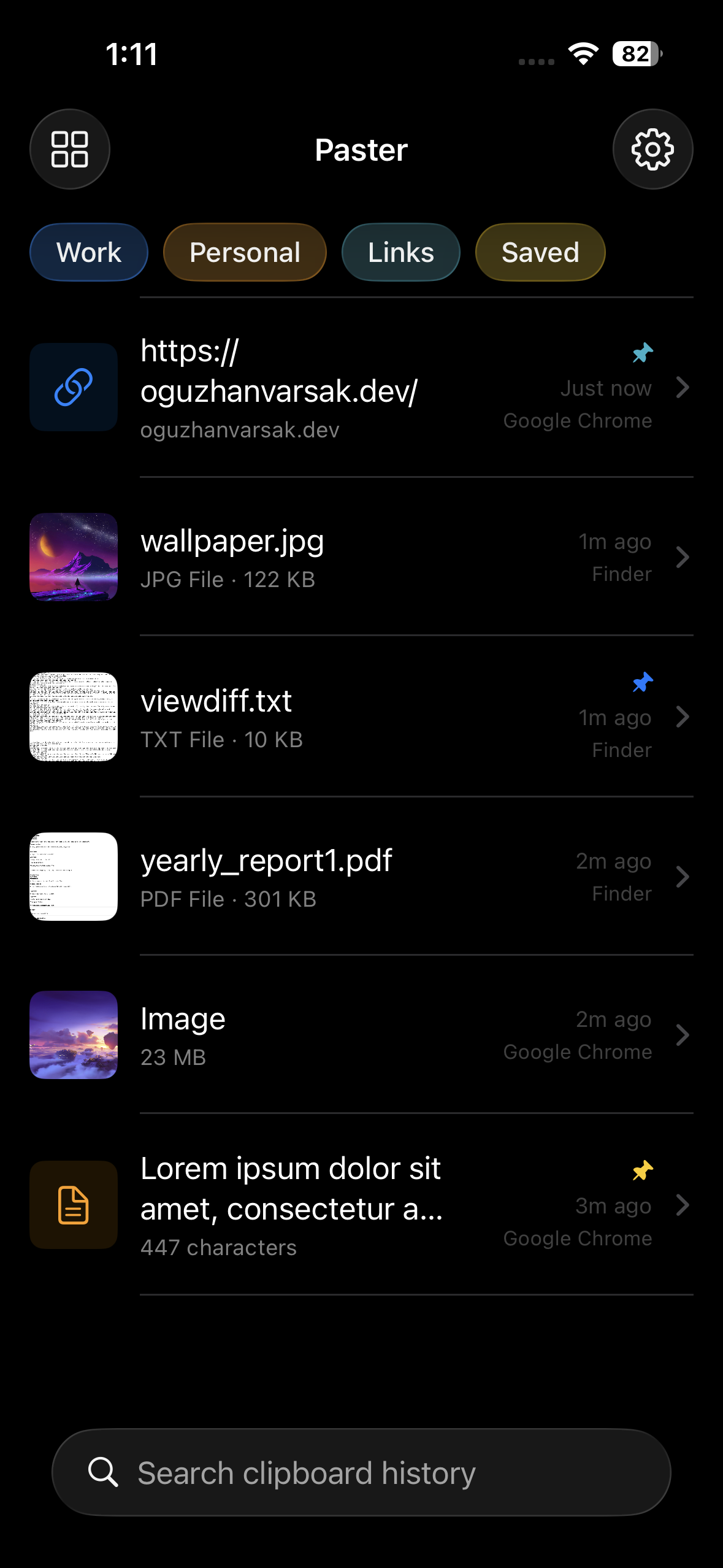 Paster on iPhone showing synced clipboard history