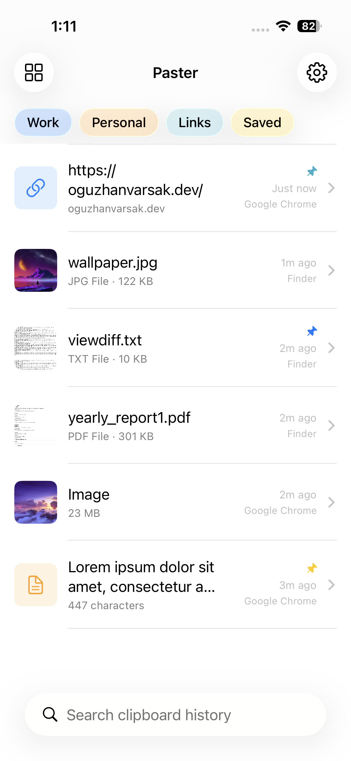 Paster list view with organized clipboard items and categories