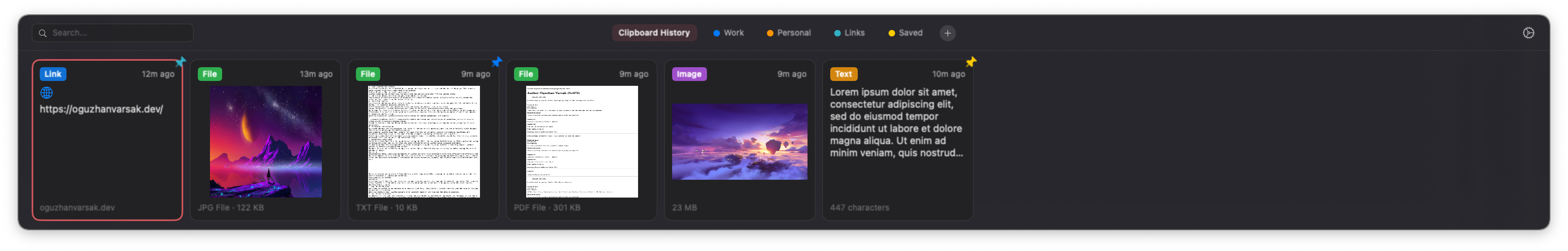 Paster floating clipboard panel showing clipboard history with links, files, images, and text